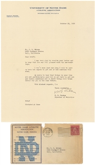 Knute Rockne Notre Dame Signed Letter Dated 10/29/1929 (PSA/DNA MINT 9)